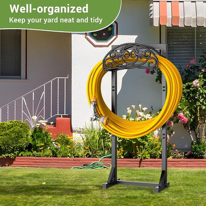 Pattiumo Garden Hose Holder Stand, Heavy Duty Freestanding Metal Hose Holder with 4 Spikes, Hose Reel Alternative Holds up to 150 ft for Yard Lawn Garden Patio