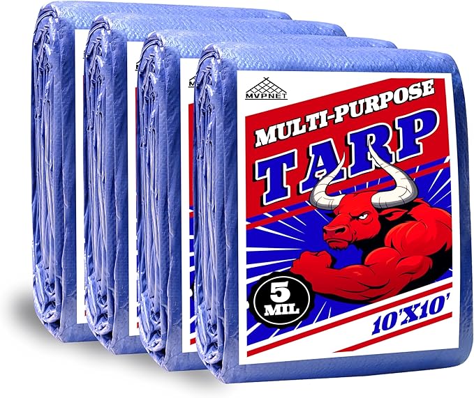 Tarp 10x10(4 Packs) ft 100% Waterproof Uv Resistant High Durability Multipurpose 5mil Blue Tarp for Covering Courtyards, Cars, Camping, Gardens, Pet Nests -by MVPNET