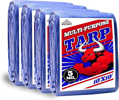 Tarp 10x10(4 Packs) ft 100% Waterproof Uv Resistant High Durability Multipurpose 5mil Blue Tarp for Covering Courtyards, Cars, Camping, Gardens, Pet Nests -by MVPNET