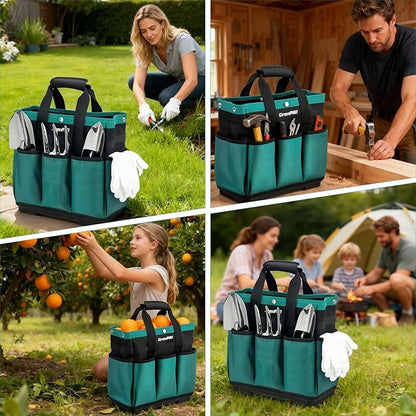 GrenPRO Garden Tool Bag Molded Bottom, Heavy Duty Tool Tote Toolbox with 10 Pockets, Reinforced & Top Snap Closure for Gardening Tools Storage, Dark Green(Tools Not Included)