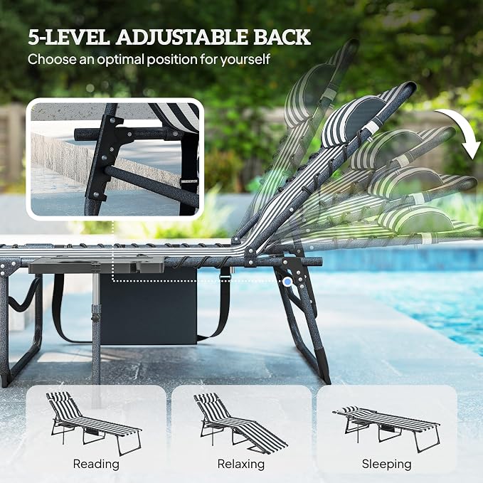 Outsunny Folding Chaise Lounge Chair Outdoor Tanning Chair with Side Table, 5-Level Adjustable Beach Lounge Chair with Headrest, Side Pocket for Patio, Backyard, Beach, Poolside, Blue and White