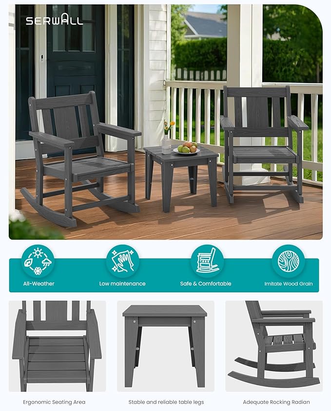 SERWALL 3 Piece Rocking Bistro Set, Patio Furniture Set with 2 Outdoor Rocking Chairs and 1 Side Table for Backyard,Porch, Poolside, Balcony, and Garden- Grey