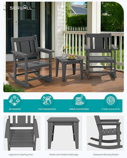 SERWALL 3 Piece Rocking Bistro Set, Patio Furniture Set with 2 Outdoor Rocking Chairs and 1 Side Table for Backyard,Porch, Poolside, Balcony, and Garden- Grey