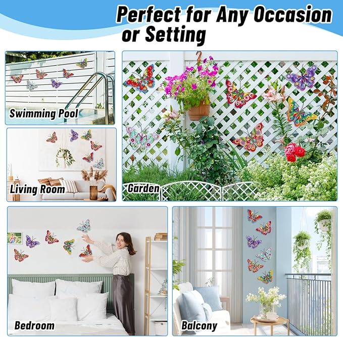 YOADEHOA 6Pcs Metal Butterfly Wall Decor, 3D Colorful Outdoor Fence Wall Art Decor, Hanging Wall Art Decoration for Garden Yard Living Room Bedroom Patio Balcon(Butterfly A)