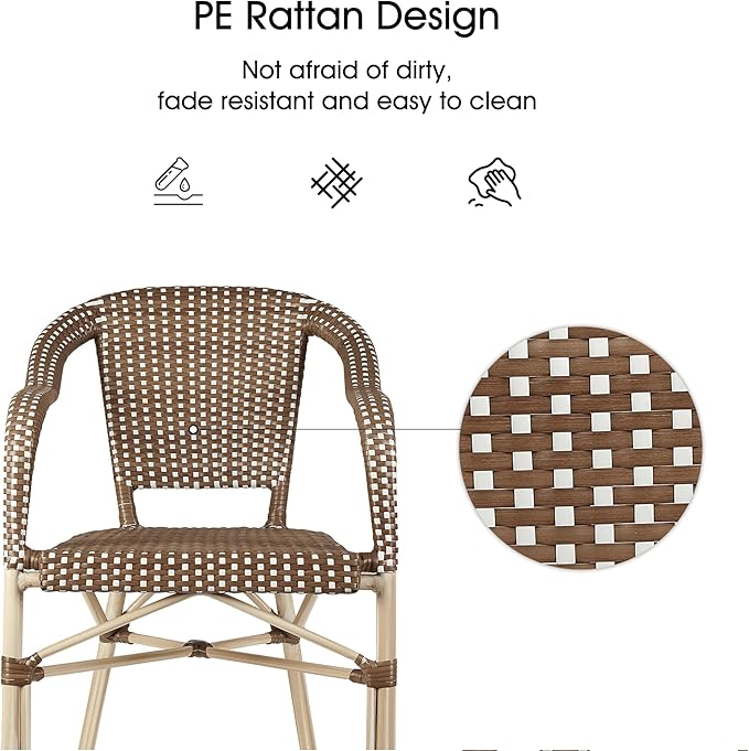 PURPLE LEAF Dining Chair Set of 2 Outdoor French Bistro Chairs Hand-Woven Aluminum Wicker Rattan Armchair for Garden Kitchen Backyard Porch White Print Finish Patio Chairs Brown