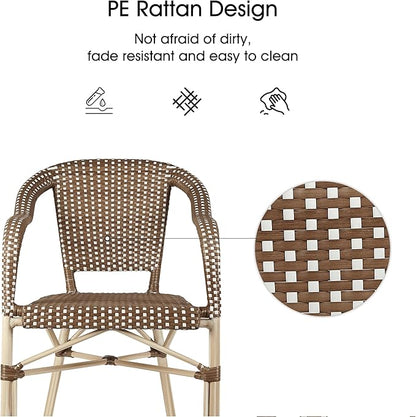 PURPLE LEAF Dining Chair Set of 2 Outdoor French Bistro Chairs Hand-Woven Aluminum Wicker Rattan Armchair for Garden Kitchen Backyard Porch White Print Finish Patio Chairs Brown