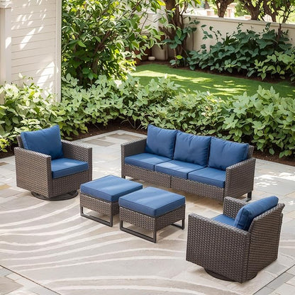 Rilyson Wicker Outdoor Couch Patio Sofa - 3 Seater Rattan Outdoor Patio Couch with Waterproof Wicker,Comfortable Cushions and Sturdy Metal Frame for Outside Porch Deck Backyard Garden(Brown/Blue)