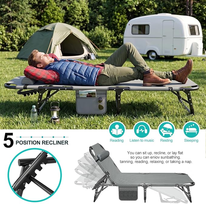ABORON 3-in-1 Folding Patio Lounge Chair, 440LB Heavy-Duty Tri-Fold Guest Bed with Plush Cotton Cushion, No Assembly Adjustable Recliner for Office Nap, Patio Sunbathing, Poolside & Camping