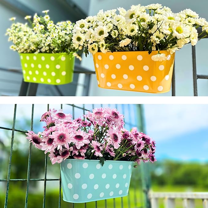 LaLaGreen Outdoor Hanging Planter (11.2 Inch, 6 Pack) Light Blue, Neon Pink, Dark Purple, Yellow, Red Cute Metal Iron Flower Pots Bucket Colorful Polka Dot Herb Deck Railing Fence Bucket Patio Decor