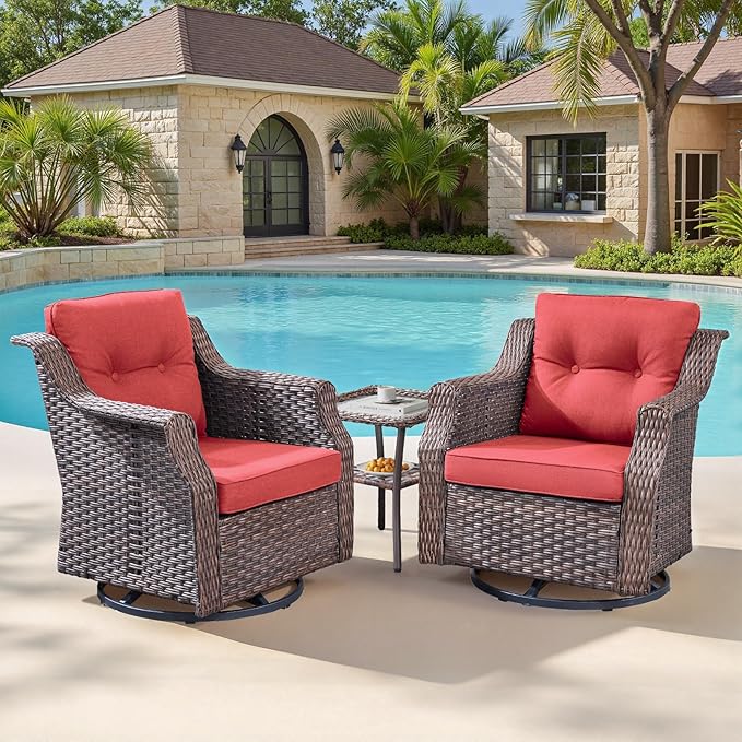 Patio Wicker Chairs Swivel Rocker-Outdoor Swivel Rocker Chair Set of 2 with All Weather Wicker Glider Rocker Set, PE Rattan Swivel Rocking Chair with Side Table for Yard Balcony Deck Porch Brown/Red