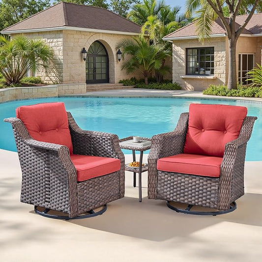 Patio Wicker Chairs Swivel Rocker-Outdoor Swivel Rocker Chair Set of 2 with All Weather Wicker Glider Rocker Set, PE Rattan Swivel Rocking Chair with Side Table for Yard Balcony Deck Porch Brown/Red