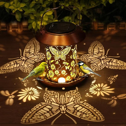 Solar Bird Feeders for Outdoors Metal Butterfly Lantern Hanging on a Tree Metal Wild Bird Feeder Decoration for Patio,Yard,Lawn,Pathway,Summer Garden Decor Gifts for Bird Lovers Mom Friends
