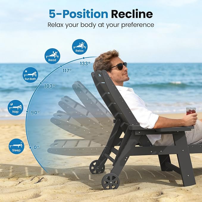UDPATIO HDPE Outdoor Chaise Lounge Chair with Wheels Heavy-Duty Patio Recliner with Cup Holder, 5-Position Adjustable Backrest for Poolside, Beach, Garden, Deck or Indoor – Clear