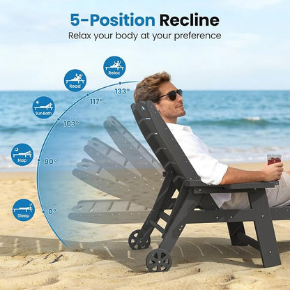 UDPATIO HDPE Outdoor Chaise Lounge Chair with Wheels Heavy-Duty Patio Recliner with Cup Holder, 5-Position Adjustable Backrest for Poolside, Beach, Garden, Deck or Indoor – Clear