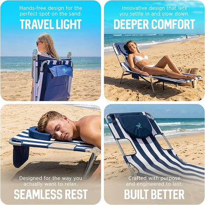 Ostrich the Backpack Chaise Lounge, Folding & Reclining Outdoor Beach Chaise Lounger Chair for Lawn, Pool, Patio, Garden, and Yard, Blue Stripe
