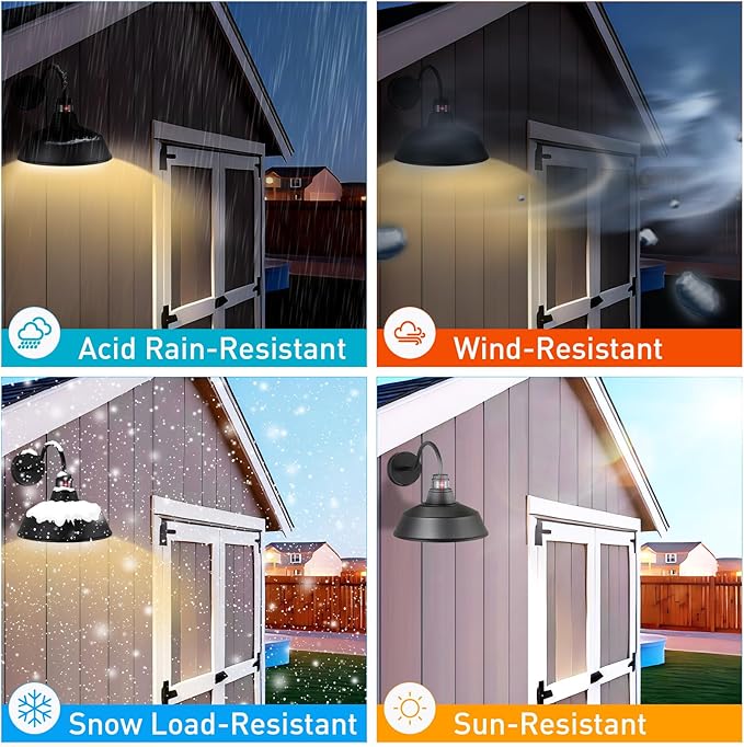 12.4" Dome Gooseneck Barn Light, Outdoor Anti-Rust&Waterproof Farmhouse Wall Sconce, Outdoor Wall Lanterns for Porch/Patio, E26 Base 100W Max(Black 1-Pack Motion Sensor Outdoor Lights)