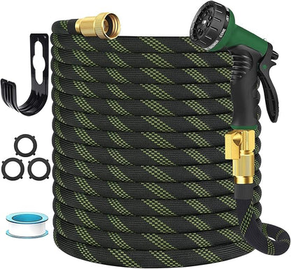 Garden Hose Non-Expandable 50 ft, Lightweight Flexible Water Hose with 10 Function Spray Nozzle, Outdoor Leak Proof, Kink-Free, Portable Hose for Yard, Lawn, Camper, High-Density Fabric, Black Green