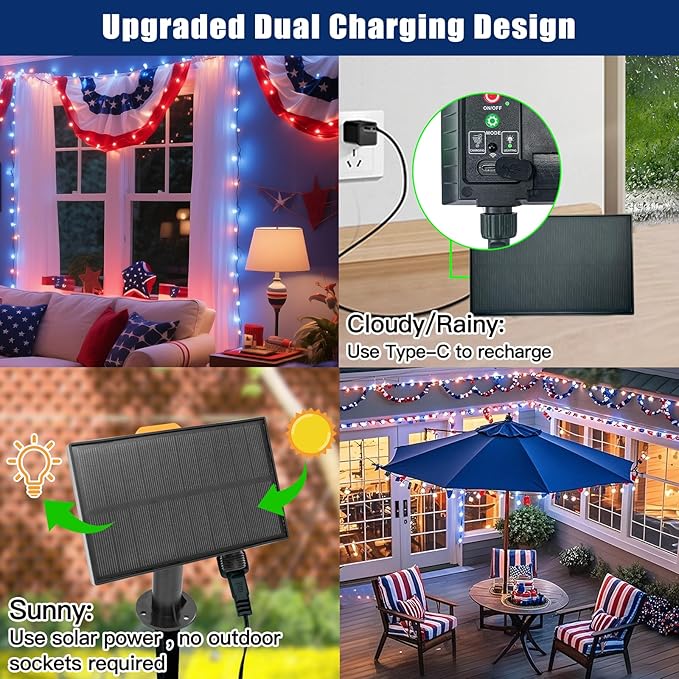 LitHome 100 LED Solar Christmas String Lights Outdoor, 33FT 34Colors Changing Solar/USB Red White Blue Lights Waterproof with Remote, 102 Modes 4th of July Light for Tree Garden Party Holiday Decor