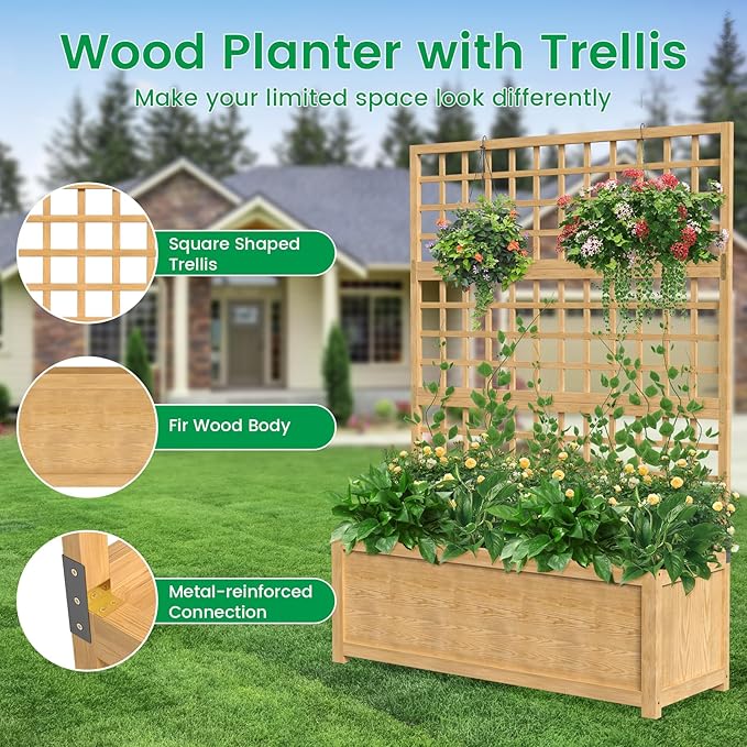 DoCred Raised Garden Bed with Trellis, Freestanding Wood Planter Box with Trellis, Above Ground Elevated Garden Bed Outdoor Planter for Climbing Plants Vines Patio Decor