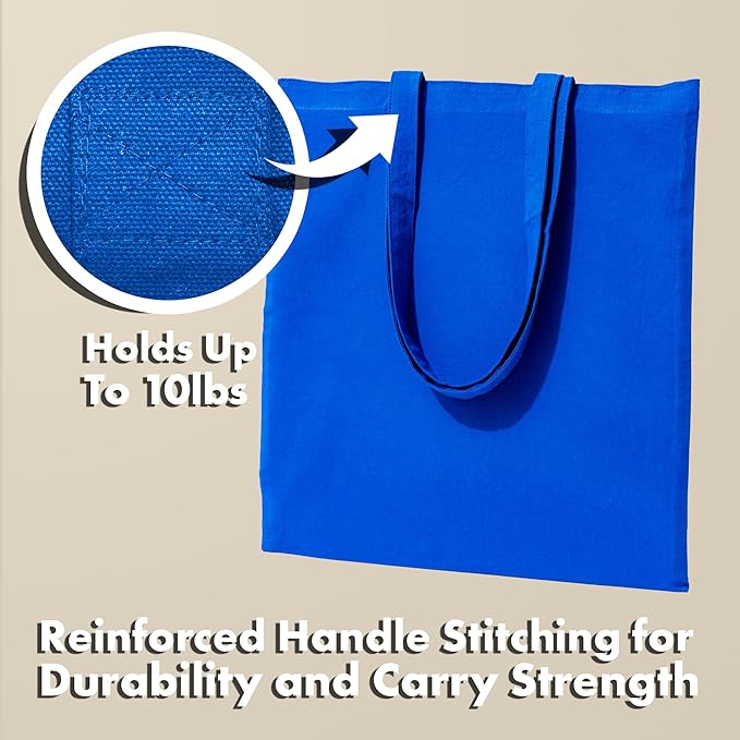 Carrywell (Not Made In China) Canvas Tote Bags Blue 24-Pack, 15"x16", Bulk Organic Cotton Reusable Shopping Bag, Blank Cloth Totes With Handles