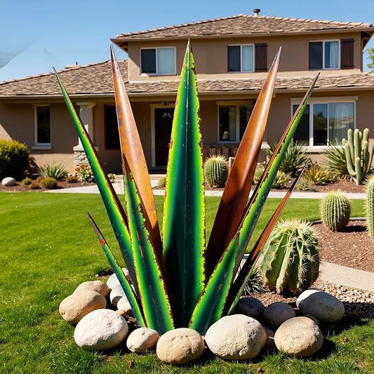 KODIBO 24” Large Metal Agave Plants Outdoor Decor, Vintage Green Tequila Rustic Sculpture Outdoor Statues, Agave Metal Plants for Yard Garden Lawn Ornaments，Artisan Metal Agave Landscape Decor