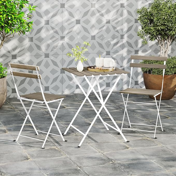 Giantex 3-Piece Acacia Wood Bistro Set, Patio Bistro Table with 2 Folding Chairs, Slatted Seat & Tabletop, Metal Frame, Outdoor Furniture Set for Backyard, Porch, Garden, Poolside (White + Gray)