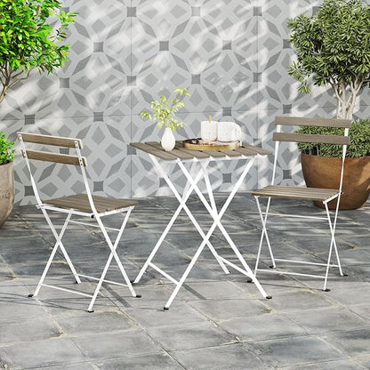 Giantex 3-Piece Acacia Wood Bistro Set, Patio Bistro Table with 2 Folding Chairs, Slatted Seat & Tabletop, Metal Frame, Outdoor Furniture Set for Backyard, Porch, Garden, Poolside (White + Gray)