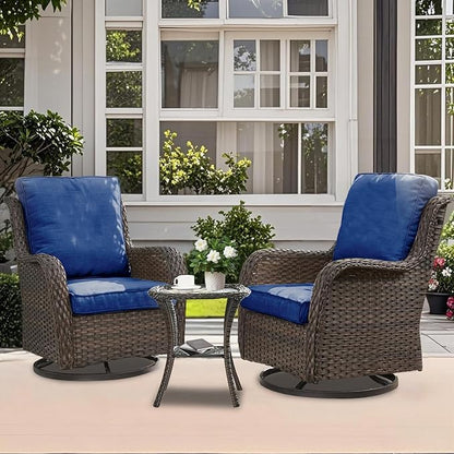 3 Pieces Patio Furniture Conversation Set PE Rattan Wicker Outdoor Swivel Glider Rocker Chairs of 2, Soft Thick Washable Cushion Side Coffee Table for Yard Backyard Poolside (Brown/Navy Blue)