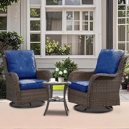 3 Pieces Patio Furniture Conversation Set PE Rattan Wicker Outdoor Swivel Glider Rocker Chairs of 2, Soft Thick Washable Cushion Side Coffee Table for Yard Backyard Poolside (Brown/Navy Blue)