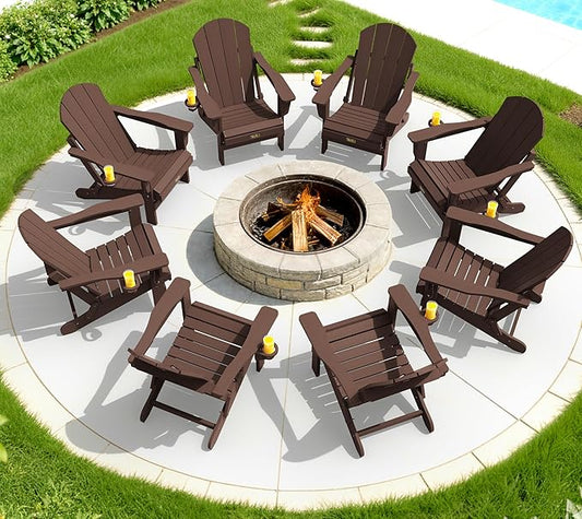 SERWALL Folding Adirondack Chair Set of 2, All Weather Adirondack Chairs with Cup Holder for Patio Garden Outdoors Fire Pit - Coffee