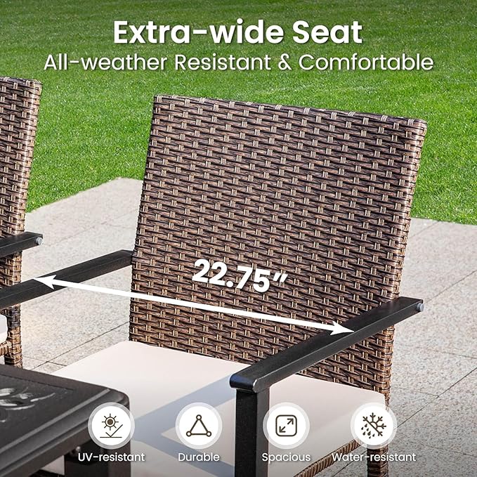 PHI VILLA 9 Pieces Square Outdoor Dining Table Set for 8, 60” Large Metal Steel Dining Table & Rattan Wicker Chairs with Cushions, Dining Furniture Set for Patio, Deck, Yard, Porch