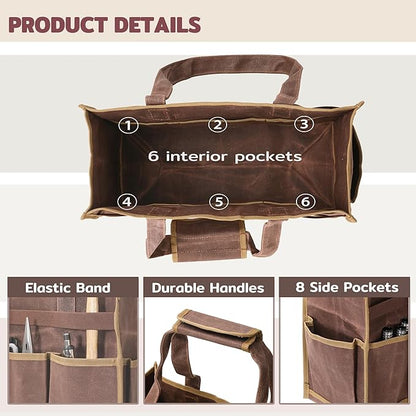 Tool Bag, Heavy Duty 16oz Waxed Canvas Water-Resistant Tool Pouches, Tool Tote with Handle for Tools, Wrenches, Screwdrivers (16.5 X 7 X 12 inch) | Brown