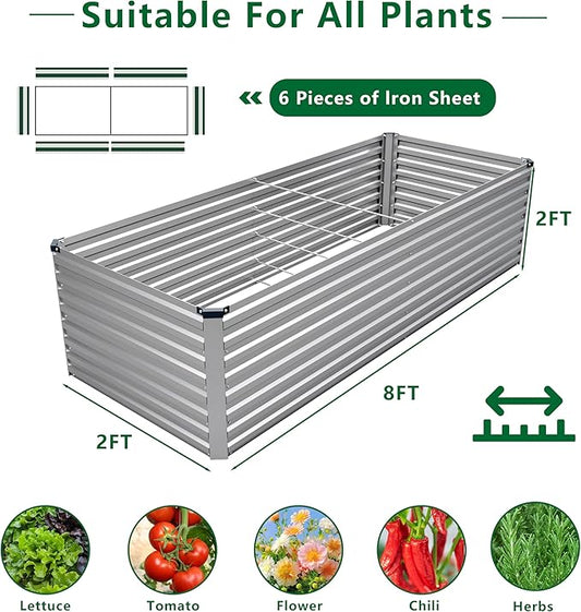 DIIYIV Galvanized Raised Garden Bed Kit Outdoor Patio,8x2x2ft Large Rectangular Metal Planter Boxes,Deep Root Box Planter for Gardening,Vegetables,Flowers,Herbs-Silver