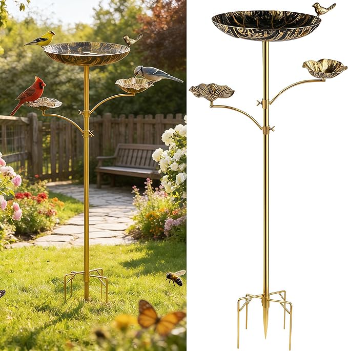 HUFAND Triple Bowl Bird Bath for Outside, 3-in-1 Bird Bath & Feeder with 4-Claw Ground Stake, 51in Height, 11.8in Large Top Bowl, Outdoor Birdbath for Garden Patio Yard Decor, Black Gold