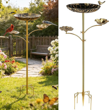 HUFAND Triple Bowl Bird Bath for Outside, 3-in-1 Bird Bath & Feeder with 4-Claw Ground Stake, 51in Height, 11.8in Large Top Bowl, Outdoor Birdbath for Garden Patio Yard Decor, Black Gold