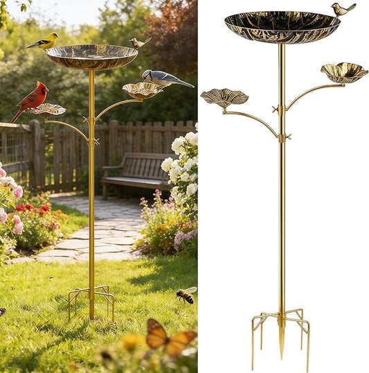 HUFAND Triple Bowl Bird Bath for Outside, 3-in-1 Bird Bath & Feeder with 4-Claw Ground Stake, 51in Height, 11.8in Large Top Bowl, Outdoor Birdbath for Garden Patio Yard Decor, Black Gold