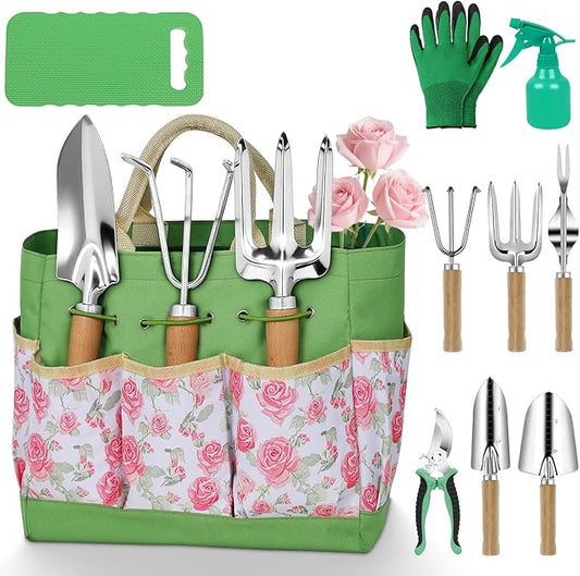 Garden Tool Set,10 Piece Garden Kit,Heavy Duty Stainless Steel Gardening Hand Tools with Durable Storage Tote,Rust-Proof Garden Tools,Gardening Gifts for Women Men Pink Floral Pattern Design