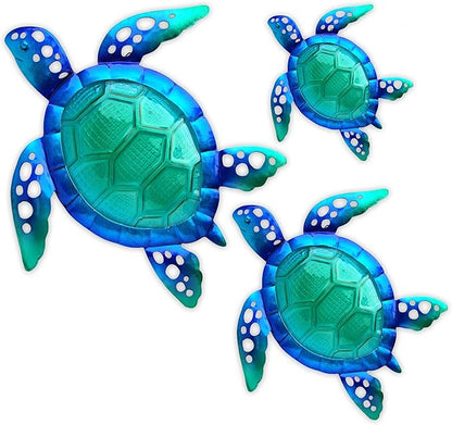 JOYBee Sea Turtle Wall Art Decor, Metal & Glass Sea Life Nautical Home Wall Hanging Decor,Ocean Theme Coastal Decorations for Indoor Outdoor Bathroom and Garden-Blue（Set of 3）