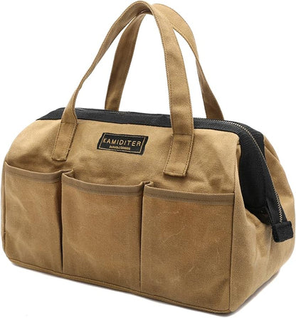 Tool Tote, 13-inch Heavy Duty Waxed Canvas Wide Mouth Tool Bag, Open Top tool Pouch with Handle for Tools, Wrenches, Screwdrivers (13 X 7 X 9 inch) | Khaki