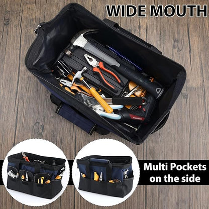 Sanwuta 3 Pack Tool Bag for Men with Waterproof Hard Bottom, Heavy Duty Tool Bag Wide Mouth Tote for Various Instrument, Electrician Carpenter Mechanic (Blue, Red, Yellow,16 Inch,Side Pockets)