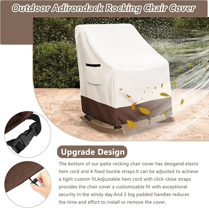 Outdoor Adirondack Rocking Chair Cover,Heavy Duty 600D Waterproof Patio Rocking Chairs Cover for 32" W x 35" D x 32" H Rocking Chair,Beige