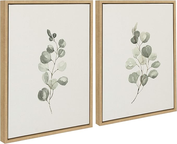 Kate and Laurel Sylvie Eucalyptus Framed Linen Textured Canvas Wall Art Set by Maja Mitrovic of Makes My Day Happy, 18x24 Natural, Sophisticated Botanical Art for Wall