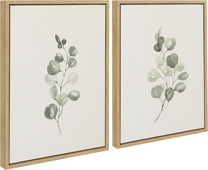 Kate and Laurel Sylvie Eucalyptus Framed Linen Textured Canvas Wall Art Set by Maja Mitrovic of Makes My Day Happy, 18x24 Natural, Sophisticated Botanical Art for Wall