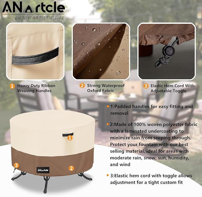 Round Patio Table Cover 36"DIA x 23"H, 100% Waterproof, Heavy Duty, Beige&Brown