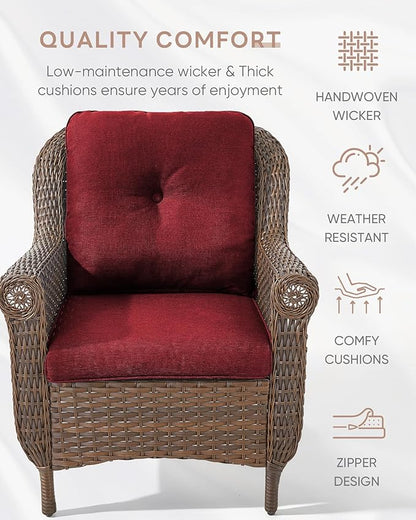 Outdoor Patio Chairs with Fire Pit Table 5 Piece Set - High Back Brown Wicker Rattan Lawn Chair with Thick Cushion for Porch Apartment Deck Yard Poolside Garden - Red