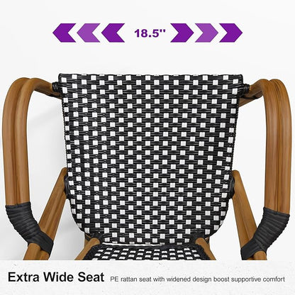 PURPLE LEAF French Bistro Chairs Set of 2 Aluminum Wicker Rattan Hand-Woven Armchairs Outdoor Dining Chairs for Patio Kitchen Garden Bamboo Print Finish Black White