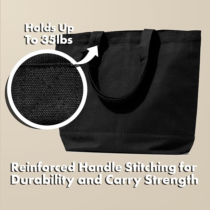 Carrywell (Not Made In China) Canvas Tote Bags Black 6-Pack, 15"x18.5" Reusable Cotton Shopping Bag, Durable 13oz Organic Cloth w/Handles