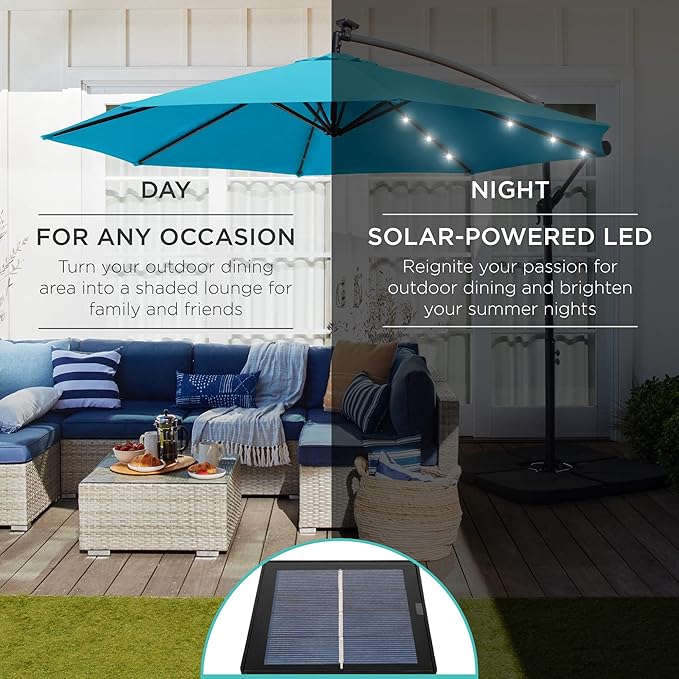 Best Choice Products 10ft Solar LED Offset Hanging Market Patio Umbrella for Backyard, Poolside, Lawn and Garden w/Easy Tilt Adjustment, Polyester Shade, 8 Ribs - Sky Blue