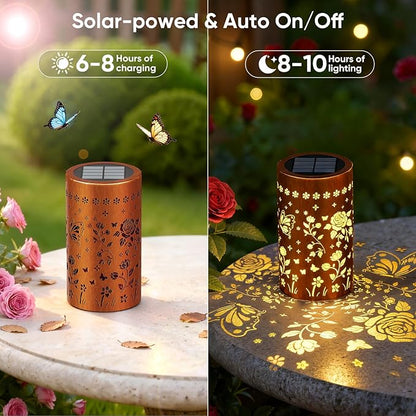 Butterfly Rose Solar Lanterns Outdoor: 2 Pack Hanging Metal LED Garden Lights Waterproof for Yard Patio Backyard - Birthday Christmas Gifts for Women Mom Grandma