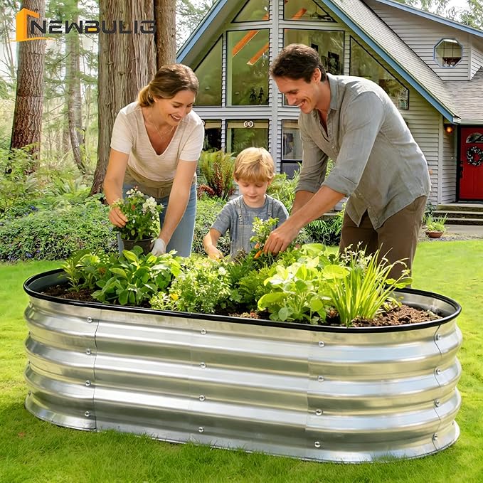 NEWBULIG Heavy-Duty Galvanized Oval Raised Garden Bed for Outdoor, Metal Planter Box with Open Base, Easy Assembly with Safe Edges for Vegetables/Flowers/Herbs